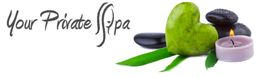 Text: "Your Private Spa", Steine, Kerze und Herz aus Stein.