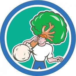 Cartoon lumberjack carrying a tree trunk over his shoulder, inside a blue circle with a green background.