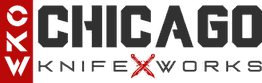 Logo of Chicago Knife Works with initials CKW and a red X in "Knife X Works".