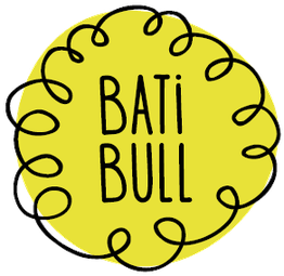 Círculo amarillo con la palabra "BATIBULL" en el centro y dibujos de líneas onduladas alrededor.