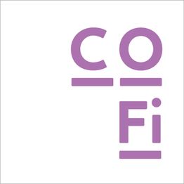 Logo con testo viola "CO-FI" su sfondo bianco, con linee orizzontali sotto le lettere.