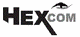 Logo mit Text "HEXCOM" und kleinem Flugzeugbild über dem Buchstaben "O".