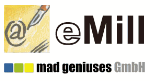 Logo mit "@eMill" und "mad geniuses GmbH", Farbblöcke in Blau, Grün, Gelb.