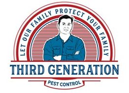 "Third Generation Pest Control logo, man in blue shirt with arms crossed, text reads protection motto."