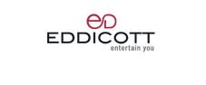 Logo con testo "Eddicott entertain you", simbolo rosso in alto. Sfondo bianco.