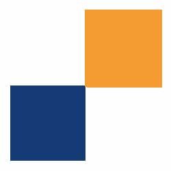 Zwei Quadrate: links unten in Dunkelblau, rechts oben in Orange, auf weißem Hintergrund.