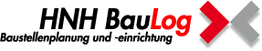 Logo von HNH BauLog mit rotem und grauem X, Text: "Baustellenplanung und -einrichtung".