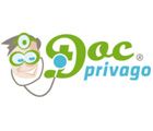 Logo mit Comic-Arzt, Stethoskop und Text "Doc privago".