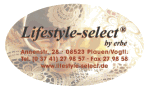 Ovales Logo mit Text "Lifestyle-select" und Kontaktinformationen, Hintergrund mit Spitzenmuster.
