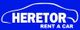Logo de Heretor Rent a Car, texto blanco sobre fondo azul con silueta de coche.