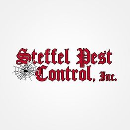 Steffel Pest Control, Inc. logo with red text and a spider web design on a white background.