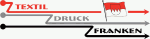 Logo mit Text: Textildruck Franken, roter und schwarzer Pfeil, fränkische Flagge.