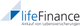 Logo von lifeFinance, Text: "Ankauf von Lebensversicherungen", mit blauem Dreieck-Design.