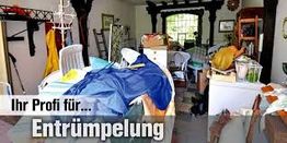 Voller Raum mit Möbeln und Gegenständen, Text: "Ihr Profi für Entrümpelung".