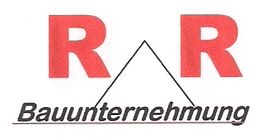Logo mit roten Buchstaben "R R" und Schriftzug "Bauunternehmung" unter einem stilisierten Dach.
