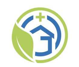 Green leaf and blue house with medical cross in a circle logo.