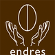 Zwei Hände halten eine stilisierte Kaffeebohne, darunter steht "endres", auf braunem Hintergrund.