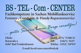 Blauer Flyer mit Kontaktdaten für Mobilfunk- und Reparaturservice, Smartphone-Abbildung.