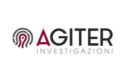 Logo di Agiter Investigazioni con testo e simbolo astratto nero e rosso.