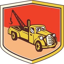 Illustration of a vintage tow truck on a red and orange shield emblem.