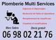 Affiche "Plomberie Multi Services" avec numéro de téléphone et services offerts en rouge.