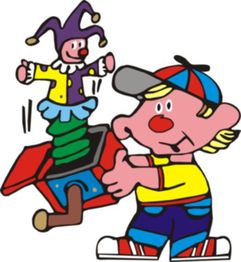 Ein Zeichentrickfigur spielt mit einer Schachtel, aus der ein bunter Narrenspringteufel herausspringt.