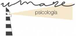 Logotipo con un faro proyectando luz y la palabra "psicología". Texto escrito en caligrafía fluida.