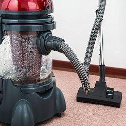 Vacuum cleaner with red top and clear canister on carpeted floor near a wall.