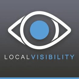 Minimalist eye logo with the words "Local Visibility" in white and blue on a dark background.
