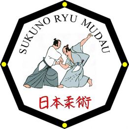 Zwei Personen im Kampfkunstpose im Achteck mit Schriftzug "Sukuno Ryu Mudau", japanische Schriftzeichen.