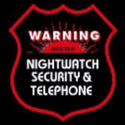 Warning sign for Nightwatch Security and Telephone in a red shield.