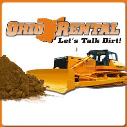 Yellow bulldozer and dirt pile beside "Ohio Rental: Let's Talk Dirt!" logo.