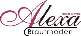 Logo von "Alexa Brautmoden", stilisierte Schrift in Rot und Schwarz.