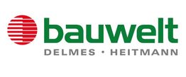 Logo mit rotem Kreis und "bauwelt DELMES HEITMANN" in Grün und Grau.