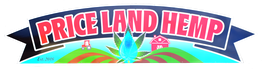 Price Land Hemp logo with a hemp leaf, farm fields, a barn, and a tractor, established 2018.