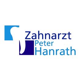 Logo Zahnarztpraxis mit Zahn und dem Namen Peter Hanrath in Blau und Weiß.