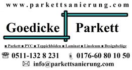 Visitenkarte von Goedicke Parkett mit Kontaktinfos und Leistungen zu Bodenbelägen.