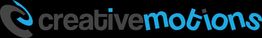 Logo con scritta "creative motions" in nero e blu su sfondo nero.