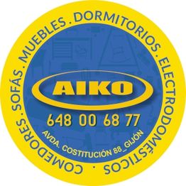 Círculo amarillo con el logo "AIKO", teléfono y dirección. Palabras: muebles, dormitorios, sofás.