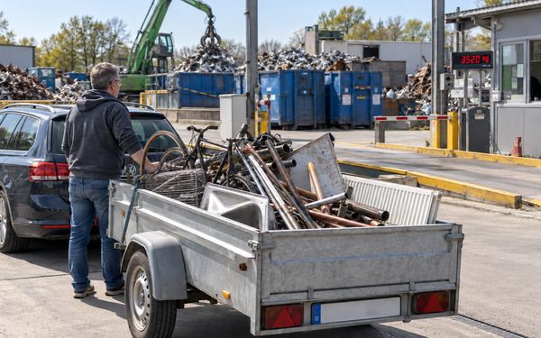 Privatperson steht mit einem mit Metallschrott beladenen Anhänger auf der Waage eines Schrottplatzes; im Hintergrund sind Container, Schrotthaufen und ein Greifbagger zu sehen.