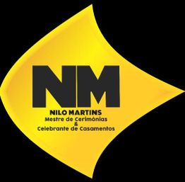 Logotipo amarelo com as letras "NM" e texto: "Nilo Martins, Mestre de Cerimônias & Celebrante".