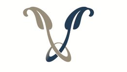 Geschwungenes, zweifarbiges Ornament mit überkreuzten Formen in Blau und Beige.