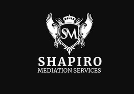 Logo with "SM" on shield, wings, crown, "Shapiro Mediation Services" in white on black background.