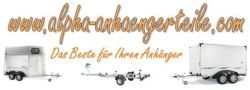 Werbung für alpha-anhaengerteile.com mit Anhängern und dem Slogan "Das Beste für Ihren Anhänger".
