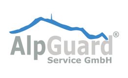 Logo mit blauem Bergumriss und Text: „AlpGuard Service GmbH“.