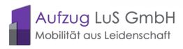 Logo von Aufzug LuS GmbH mit Slogan "Mobilität aus Leidenschaft", lila Aufzug-Icon links.
