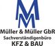Logo: Müller & Müller GbR, Sachverständigenbüro für KFZ & Bau, blaue Buchstaben MM.
