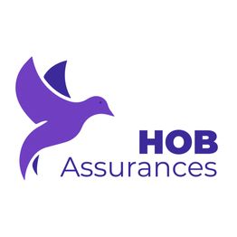 Logo violet avec oiseau et texte "HOB Assurances" sur fond blanc.