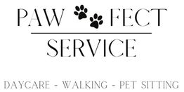 Logo mit Aufschrift "Pawfect Service" und Pfotenabdrücken, bietet Tierbetreuung, Gassi-Service.