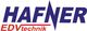 Logo mit Text "HAFNER EDVtechnik" in blauer und roter Schrift, dazwischen ein stilisierter Blitz.